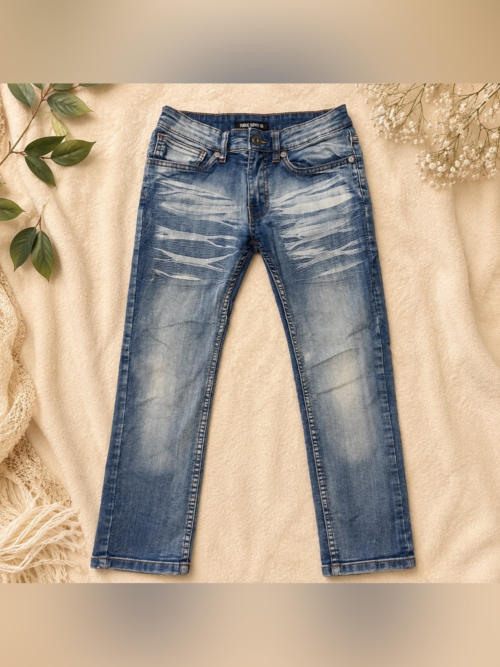 Public Supply Co Y2K Light Wash Skinny Jeans Kids Size 12 Distressed Whiskered S